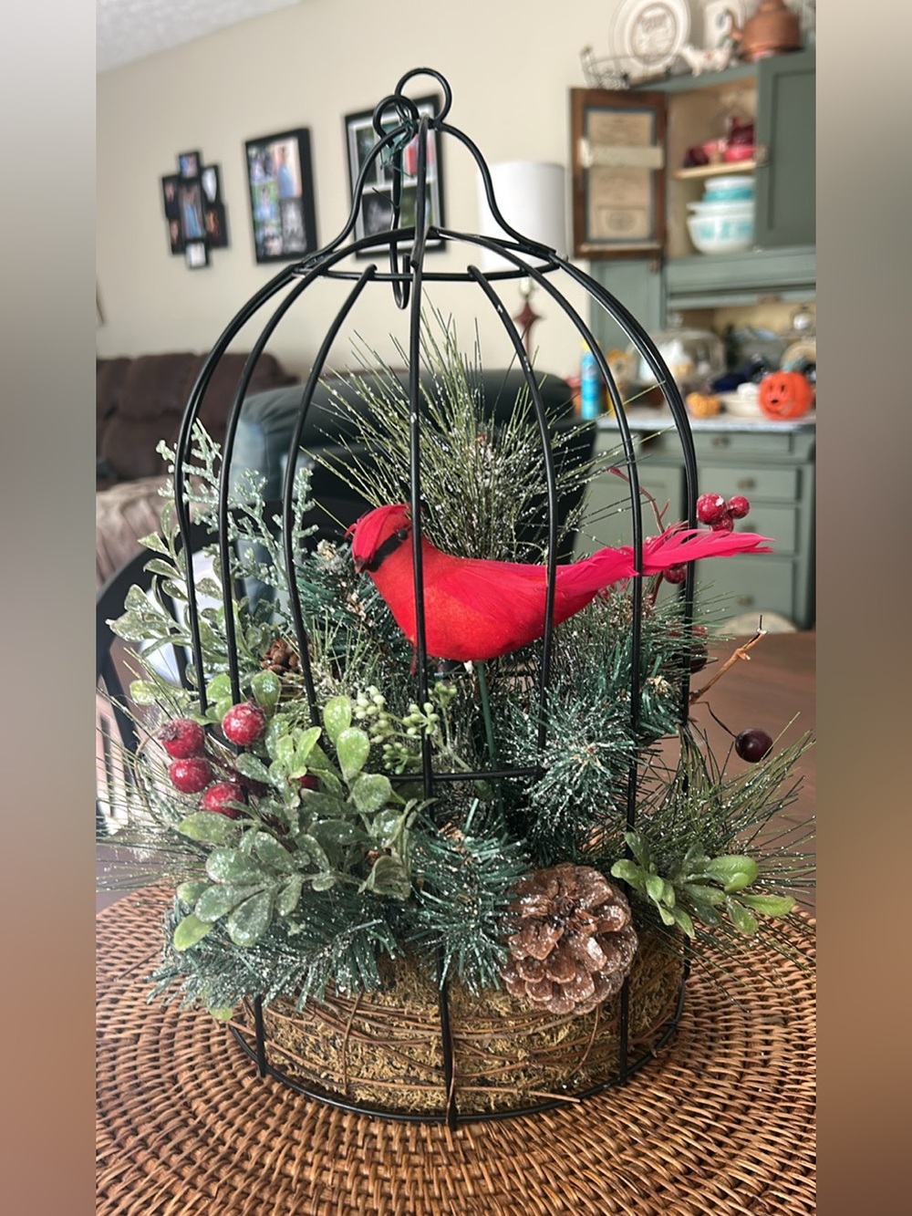 Festive Red Cardinal Holiday Birdcage Centerpiece - Home Holiday